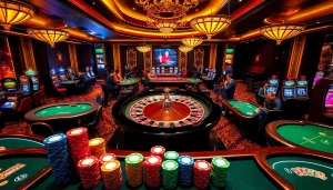 Dynamic scene at NHÀ CÁI LC88's casino with roulette wheel and excited players.
