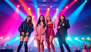 See the blackpink members in a vibrant concert scene filled with energy and lights.