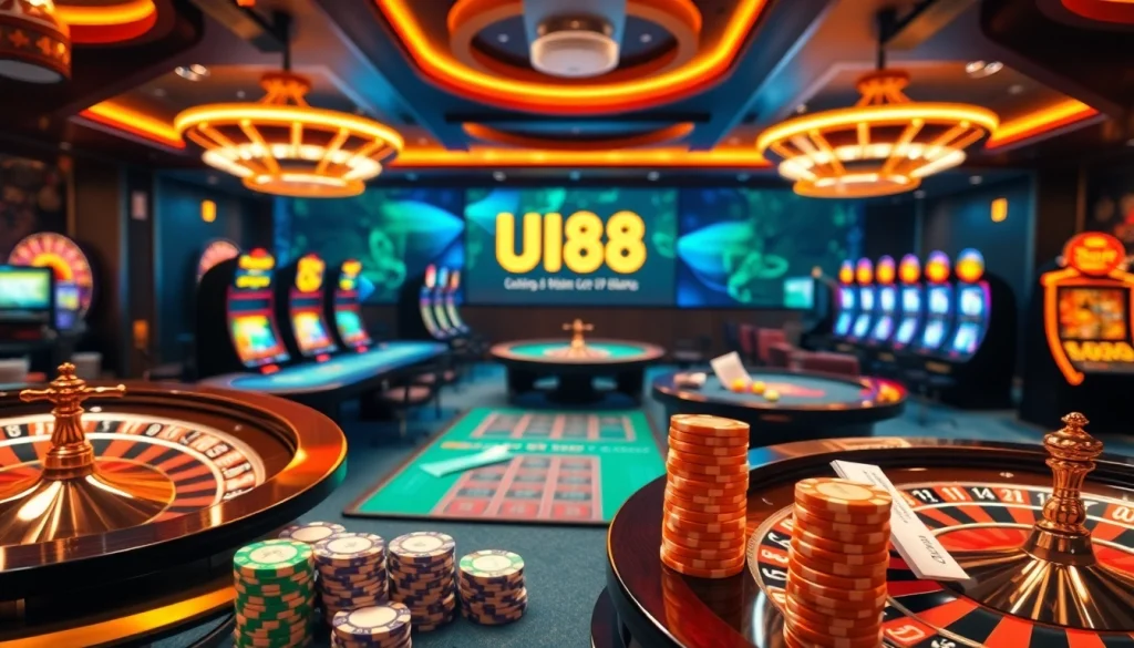UU88 casino tables with vibrant lights and poker chips create an exciting gaming atmosphere.