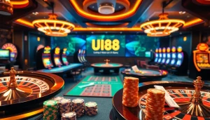 UU88 casino tables with vibrant lights and poker chips create an exciting gaming atmosphere.