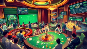 Experience the thrill of TT88 in an exciting casino scene with poker tables and roulette wheels.