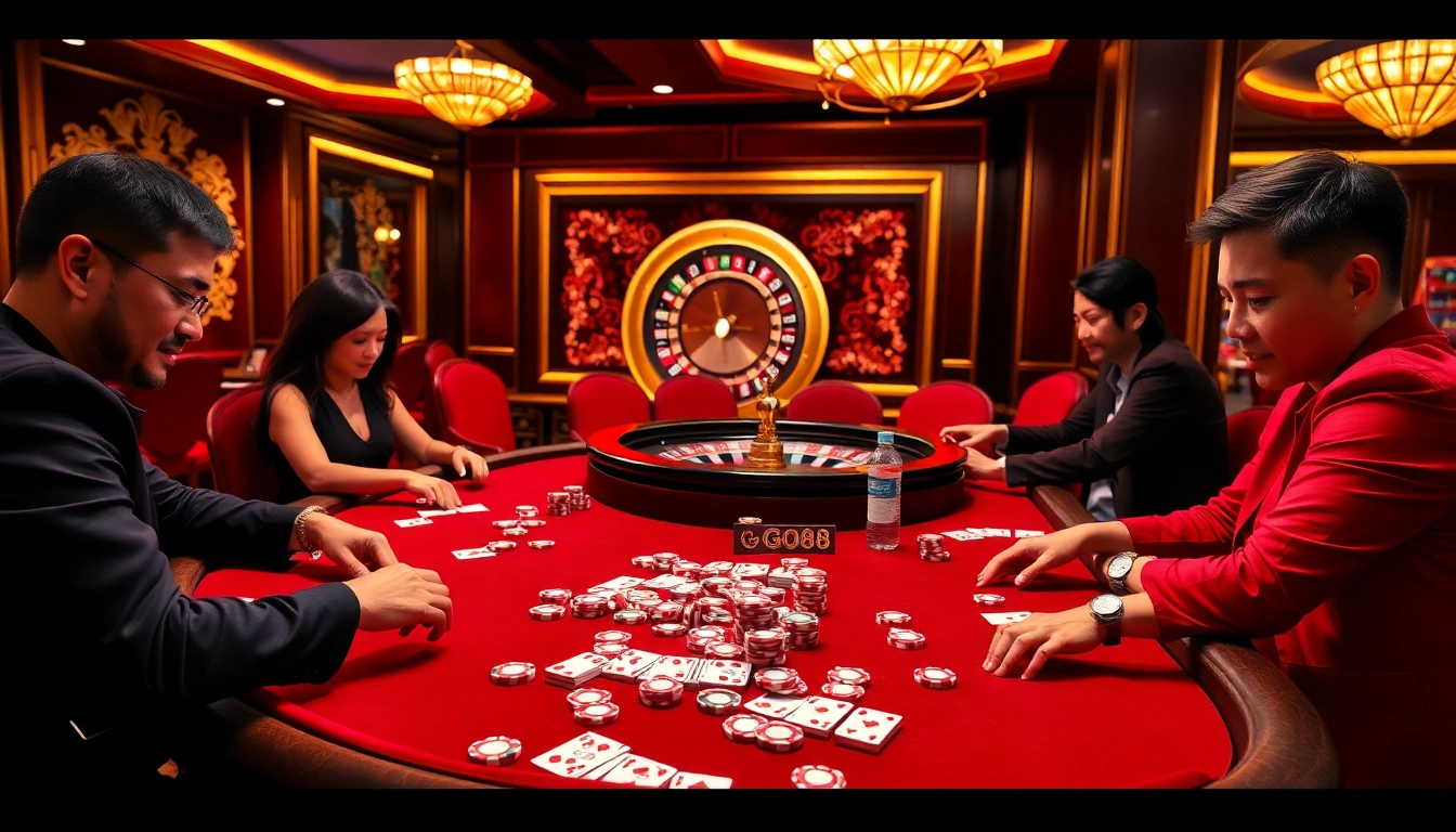 Players strategizing at the GO88 poker table, with colorful chips and cards enhancing the gaming experience.