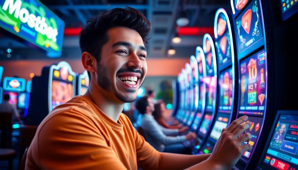 Mostbet pulsuz oynamaq hissi ilə dolu oyun mühitində gənc bir oyunçunun əyləncəli anları.