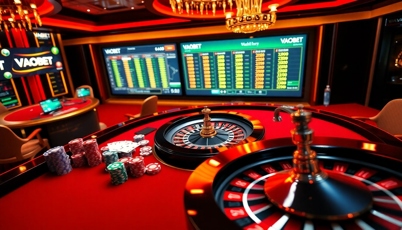 Experience thrilling gambling excitement with VAOBET at an elegant casino table filled with poker chips and cards.