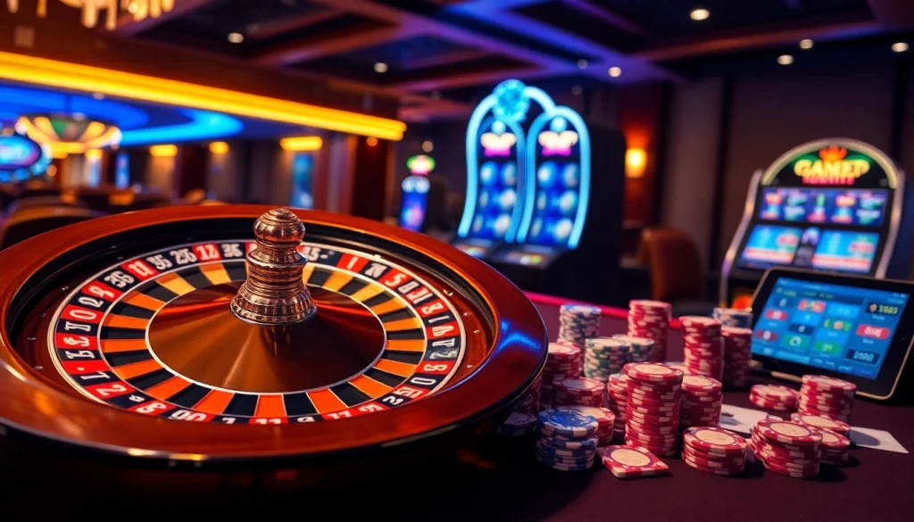 Experience the excitement of 789f best with vibrant casino elements including roulette, poker chips, and slot machines.