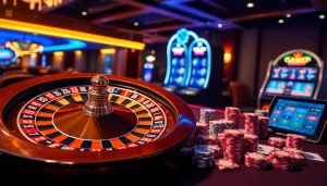 Experience the excitement of 789f best with vibrant casino elements including roulette, poker chips, and slot machines.