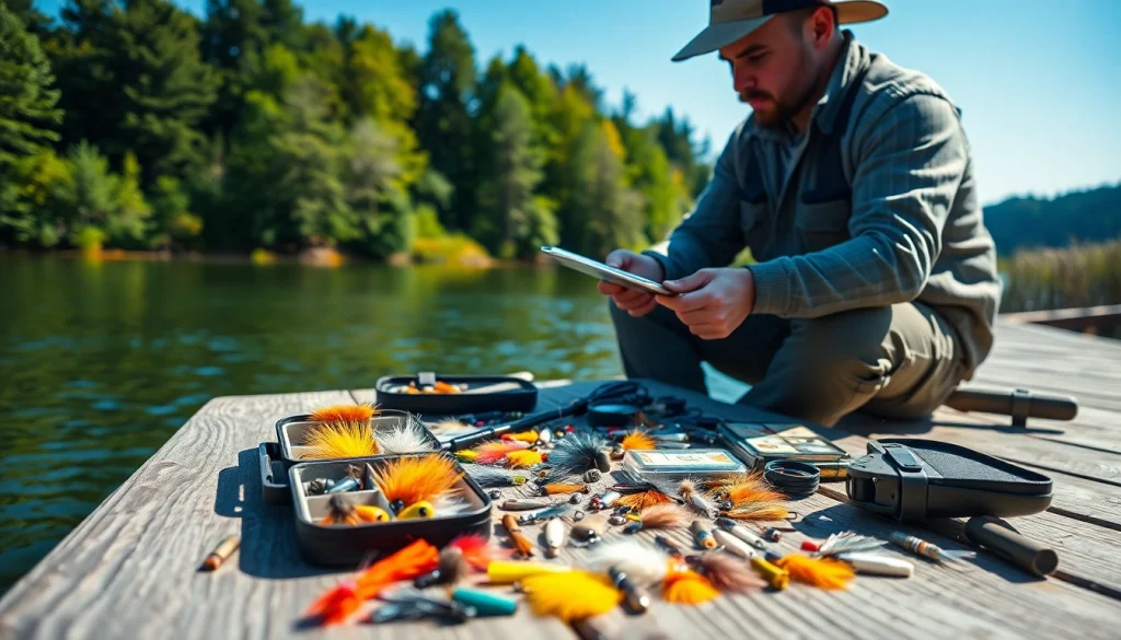 Arrange fly fishing accessories for an angler preparing for a fishing trip.