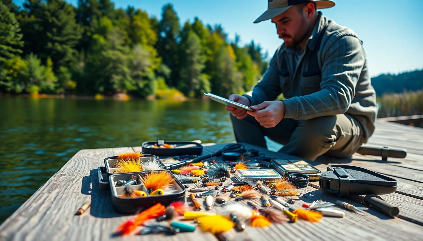 Arrange fly fishing accessories for an angler preparing for a fishing trip.