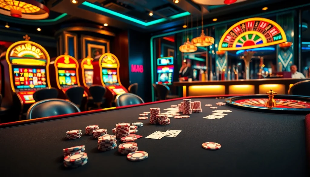 Experience the thrill of winning at Man88's luxurious casino with vibrant tables and slot machines.