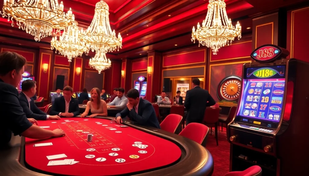 Excited players at a J88-themed poker table enjoying high-stakes action.