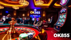 Experience thrilling online gambling at OK365 with vibrant casino elements, including roulette and poker chips.
