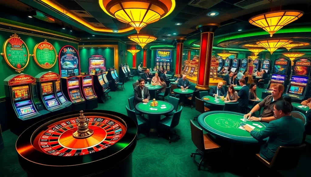 Thabet casino scene featuring lively poker tables, spinning roulette wheel, and vibrant slot machines for exciting gameplay.