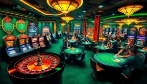 Thabet casino scene featuring lively poker tables, spinning roulette wheel, and vibrant slot machines for exciting gameplay.
