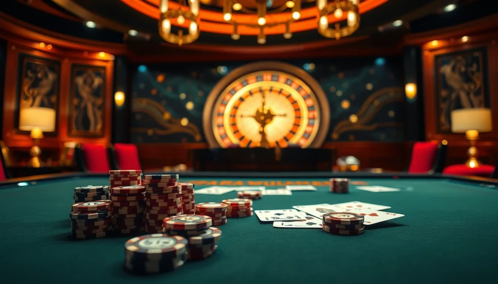 Experience the excitement of gambling with Trang Chủ S8 featuring vibrant poker chips and a roulette wheel.