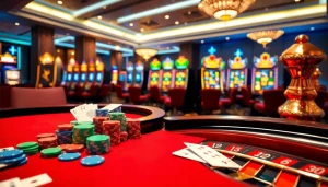 Engaging poker game at a casino table featuring S8OK COM branding, vibrant chips, and cards.