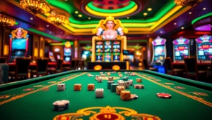 Exciting gaming atmosphere featuring Gopay88 Daftar with vibrant slot machines and poker chips.