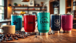 Personalizuoti termos puodeliai jaukioje kavinės aplinkoje, demonstruojantys ryškius dizainus ir logotipus.