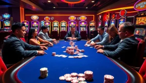 Nohu poker players strategizing with chips and cards at a lively casino table.