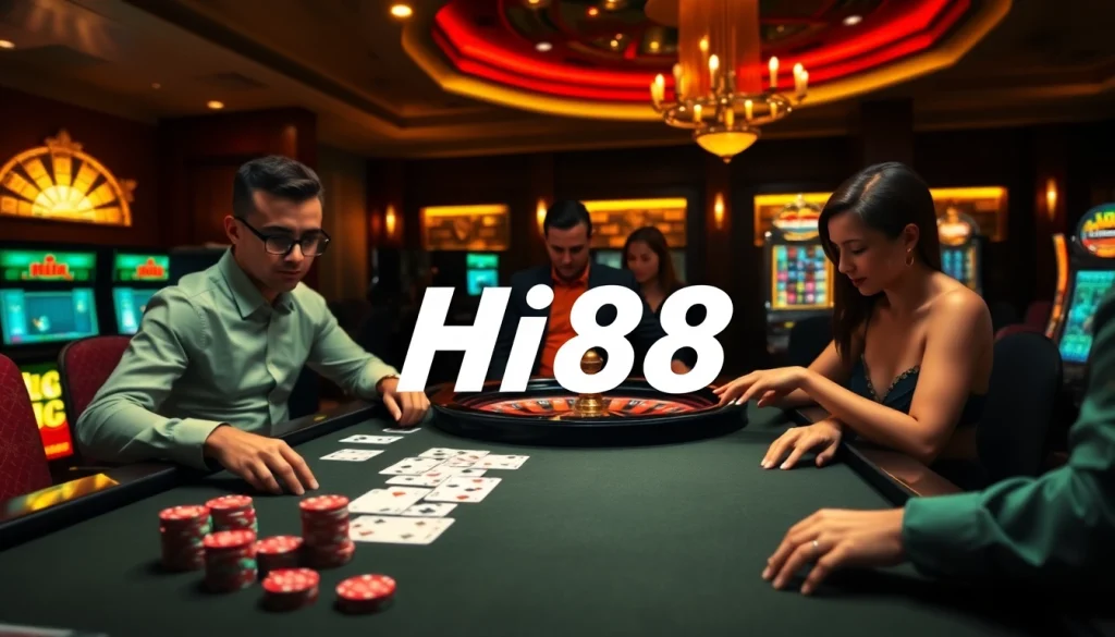 Experience the thrill of Hi88 with an engaging casino atmosphere showcasing poker, roulette, and slot games.