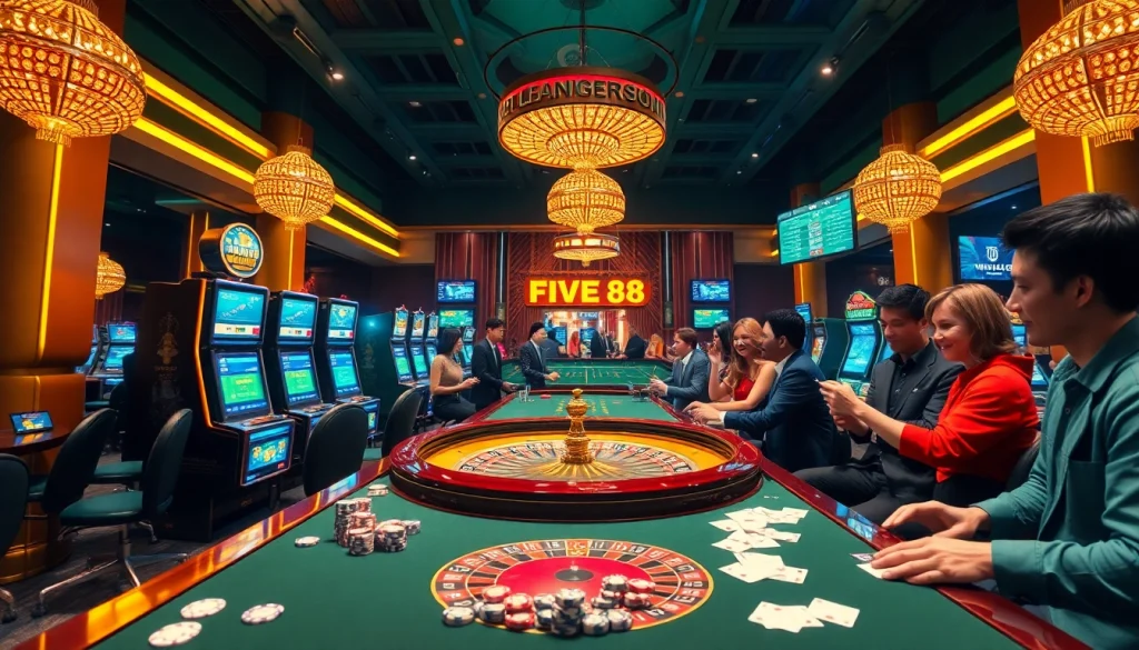 Exciting gaming atmosphere with players enjoying casino games at nhà cái FIVE88.