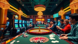 Exciting gaming atmosphere with players enjoying casino games at nhà cái FIVE88.