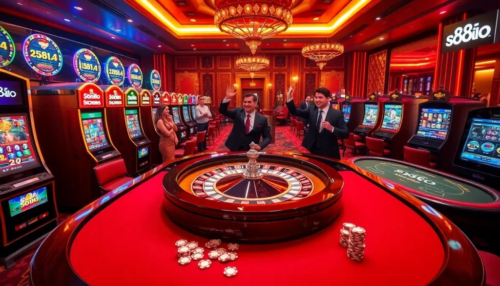 Exciting casino scene showcasing s88a.io with lively slot machines and poker action.