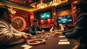 Trải nghiệm cảm giác hồi hộp của BetVIP với một ván poker cược cao giữa không gian sòng bạc sống động và đầy màu sắc.