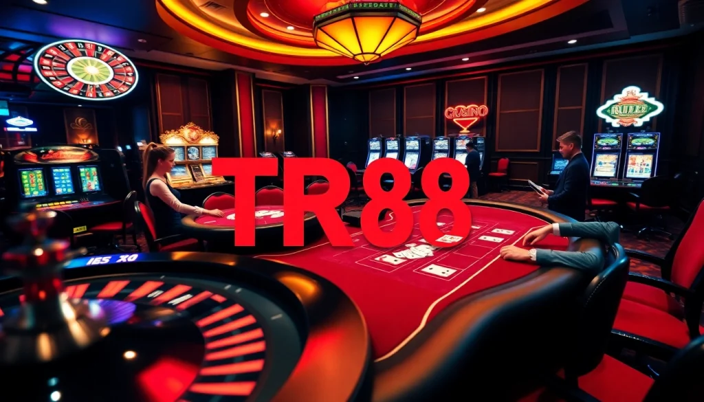 Experience the excitement of TR88 at a luxurious casino setting with poker and roulette.