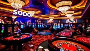 SODO casino scene with players enjoying roulette and poker in a vibrant setting.