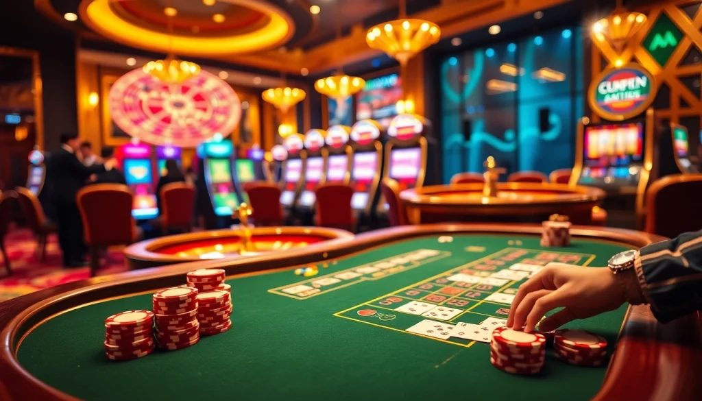 Engage with the thrilling experience at sc88.archi through a vibrant casino scene showcasing poker and roulette.