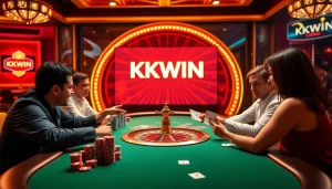 Experience thrilling gameplay at KKWIN's high-stakes poker table, illuminated by vibrant casino lights.