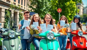 Scooter rijbewijs kopen celebration: Young adults joyfully display their scooter licenses in an urban setting.