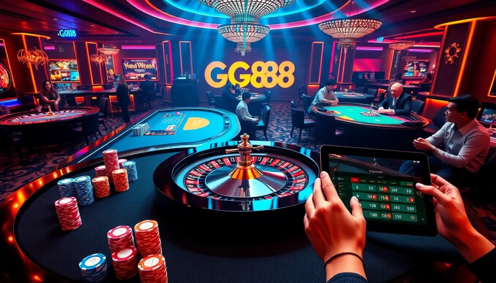 Players enjoying a thrilling casino experience at GG88 with poker chips and a roulette wheel.
