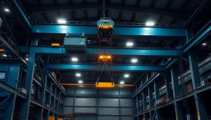 Bridge crane lifting a heavy load in a modern industrial warehouse, showcasing advanced technology and efficiency.