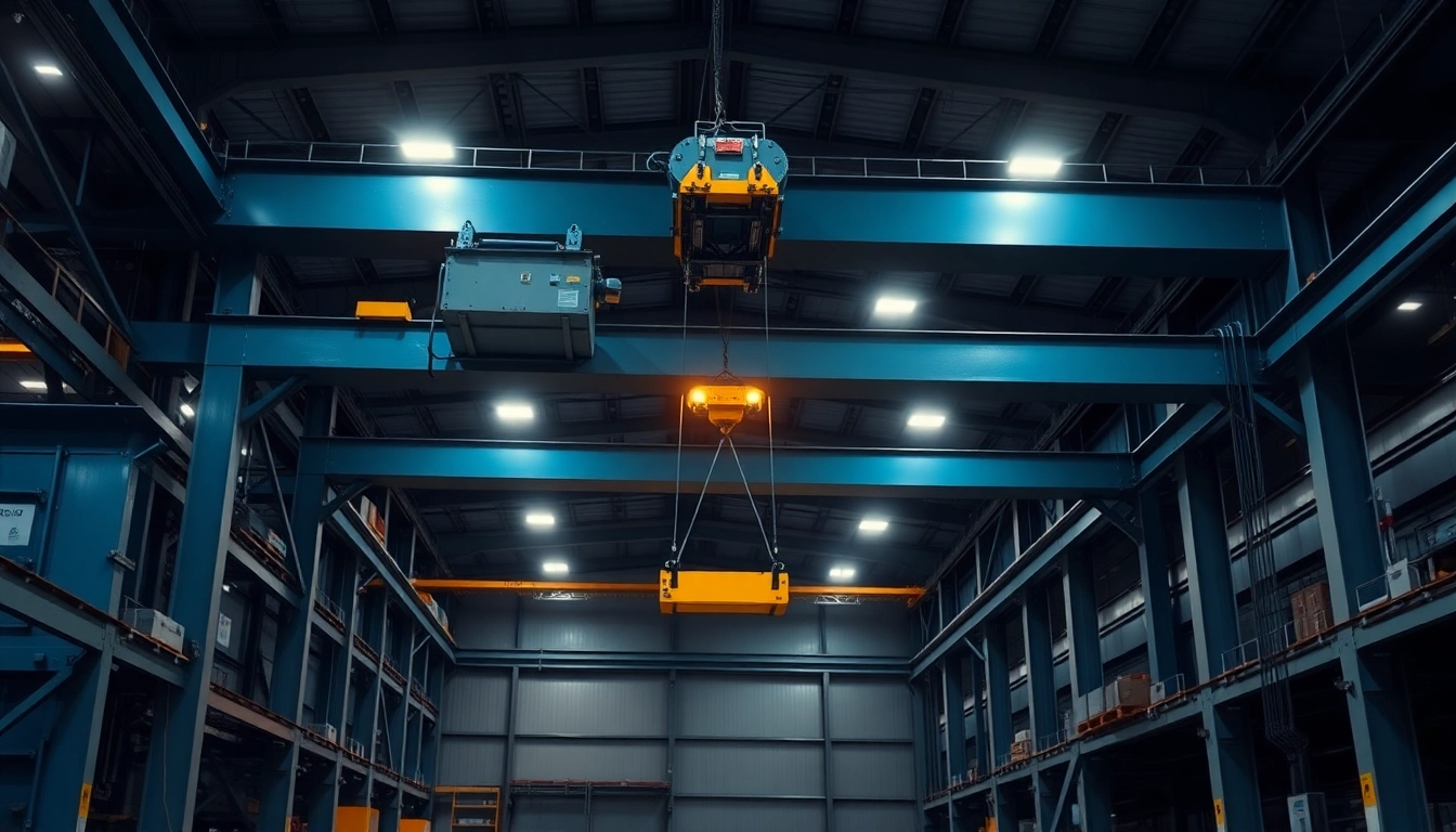 Bridge crane lifting a heavy load in a modern industrial warehouse, showcasing advanced technology and efficiency.
