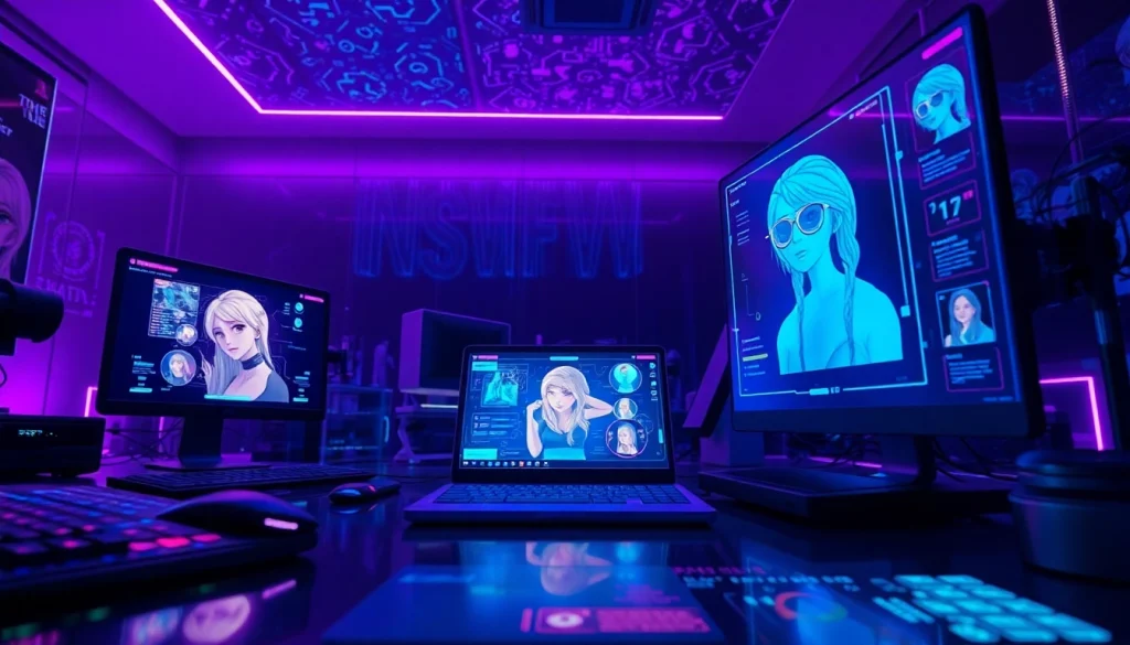 Explore innovative NSFW AI technology in a vibrant digital workspace with character-driven artwork.