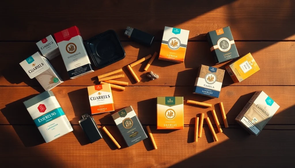 Explore the selection of european cigarettes online with elegantly arranged packs and accessories.