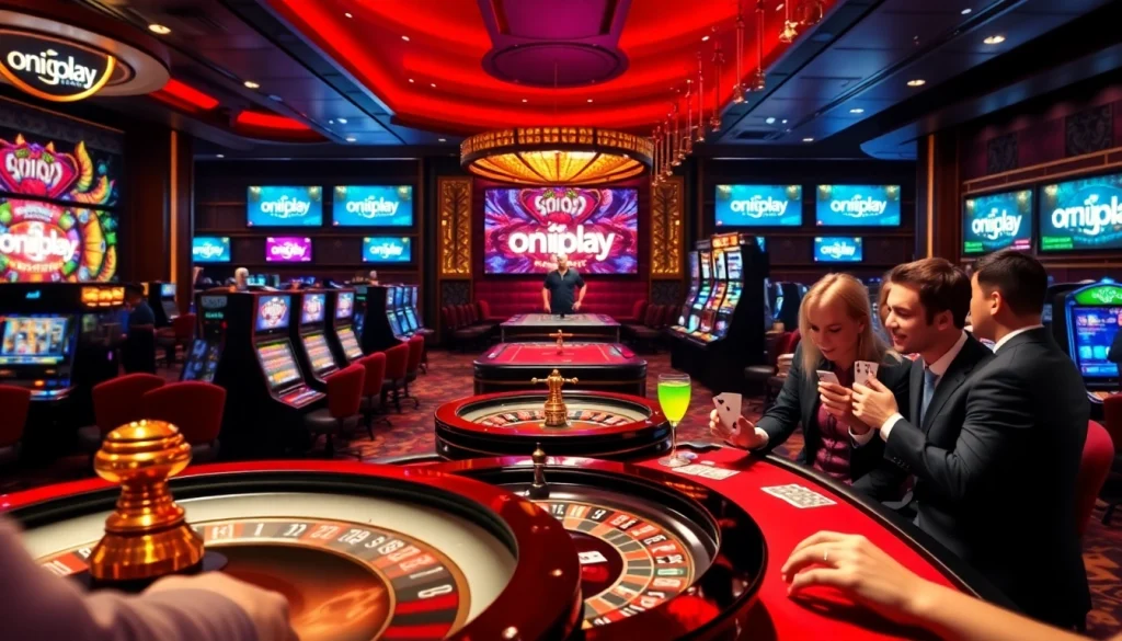 Experience the excitement at onicplay with poker chips and slot machines lighting up the casino atmosphere.