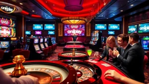 Experience the excitement at onicplay with poker chips and slot machines lighting up the casino atmosphere.