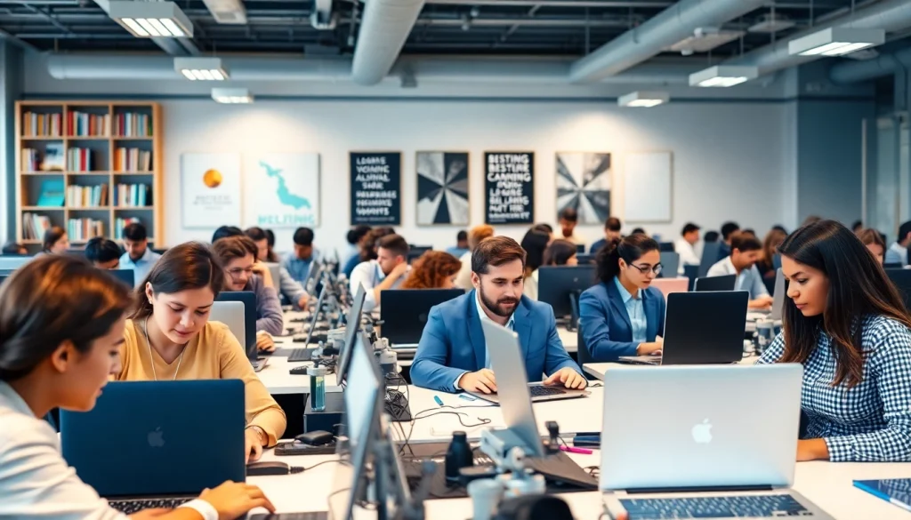 Engaged professionals working in a vibrant typing center, showcasing modern technology and teamwork.