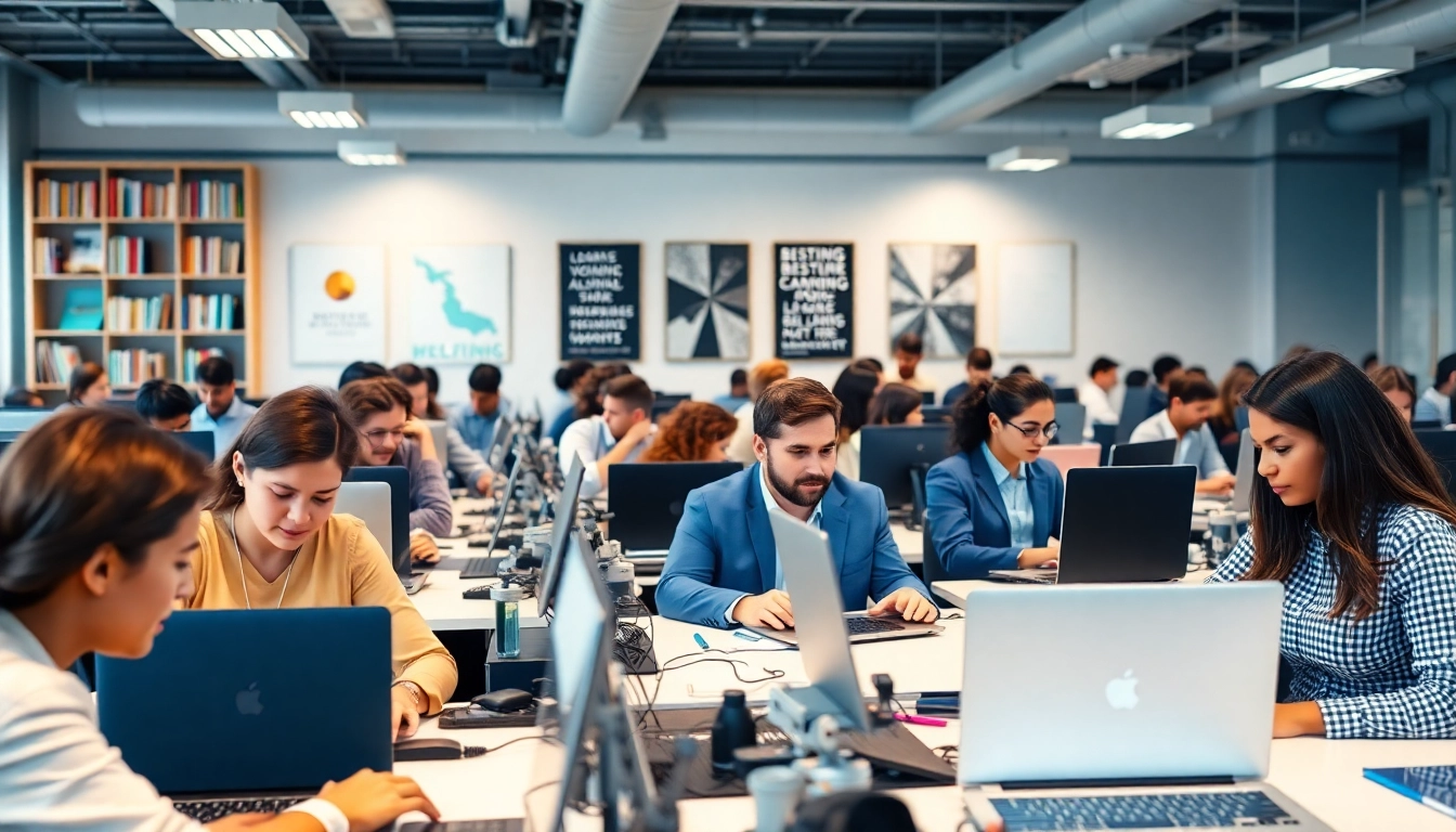 Engaged professionals working in a vibrant typing center, showcasing modern technology and teamwork.