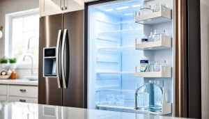 AQUA CREST Replacement for GE® RPWFE water filter installed in a modern kitchen, showcasing clean, clear water.