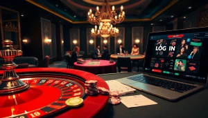 Log In to the exciting casino experience featuring elegant tables and vibrant poker chips.