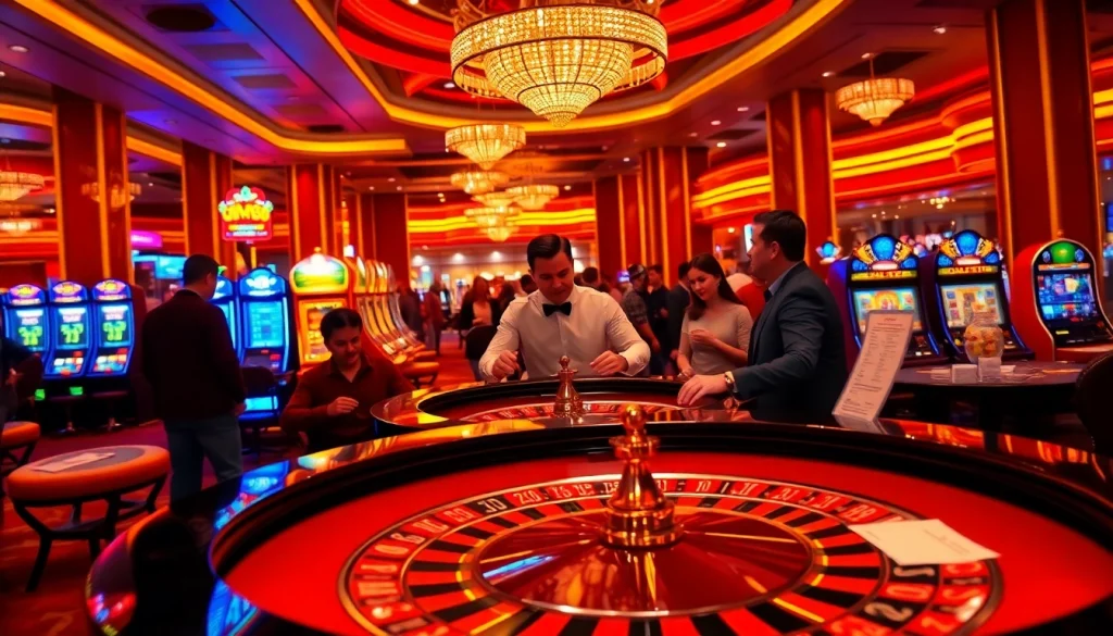 Exciting roulette gameplay with CM88 theme, showcasing vibrant casino lights and eager players.