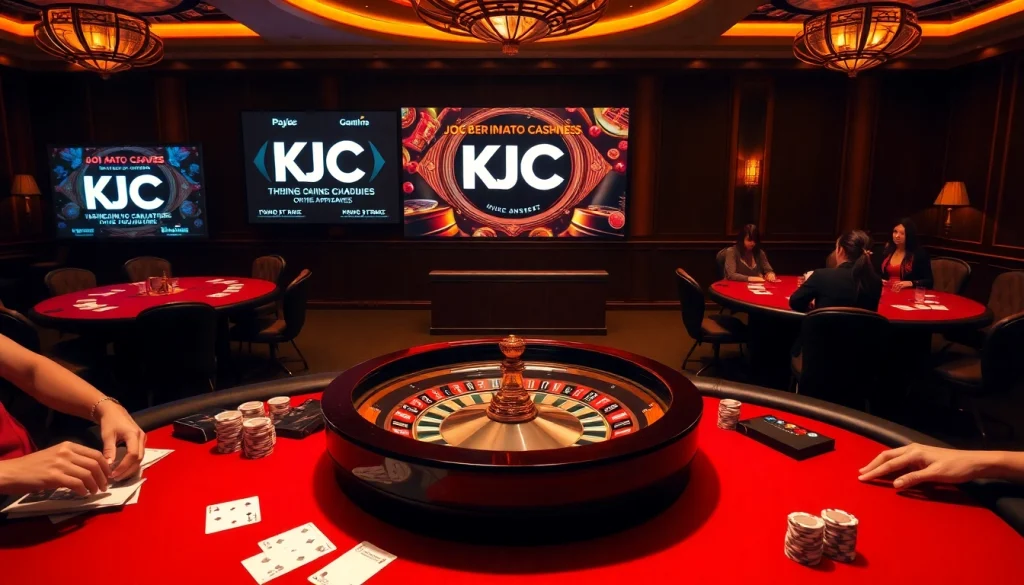 KJC sign in a luxurious casino, with active poker tables, chips, and a roulette wheel.