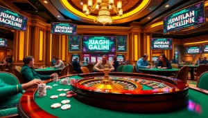 Engaged gamblers at a vibrant casino table focusing on JUMLAH BACKLINK strategies.