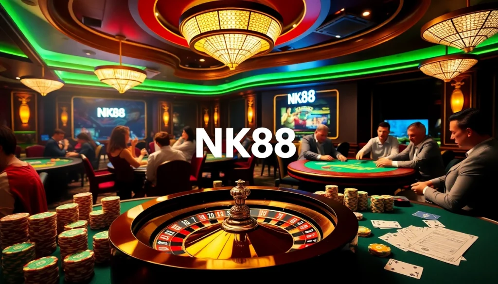 Experience the thrill of NK88 in an exciting casino environment, featuring vibrant gaming tables.