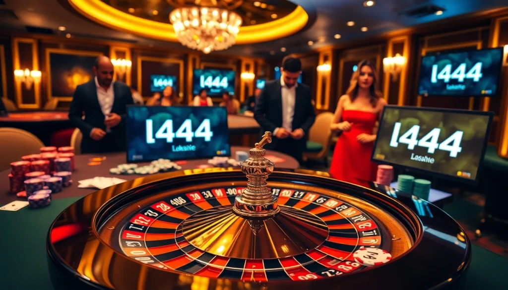 Engaging poker game scene at l444 casino with players and vibrant chips.