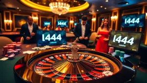 Engaging poker game scene at l444 casino with players and vibrant chips.