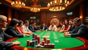 Players enjoying a thrilling poker game at NK88 casino, showcasing vibrant chips and cards.